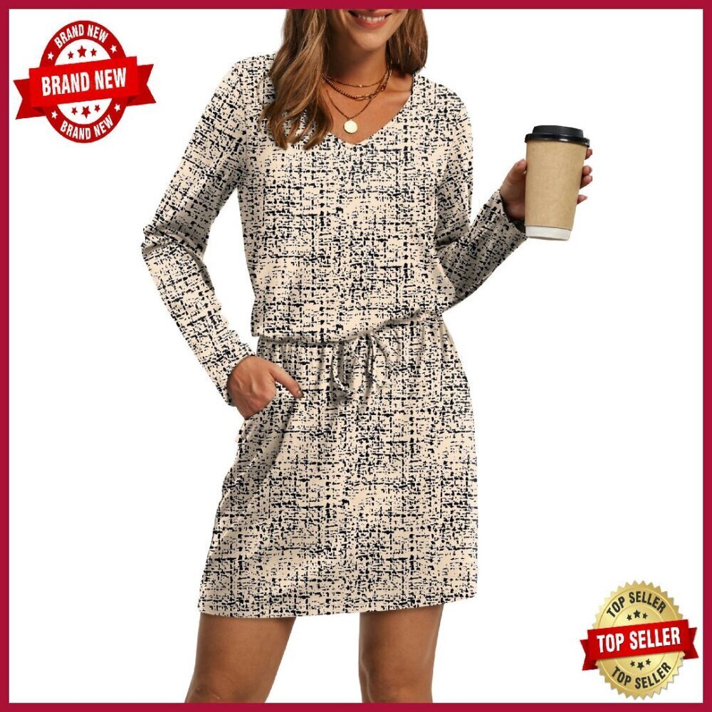 Long Sleeve V Neck Tie Front A-Line Dress with Pockets